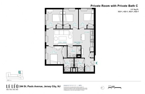 Floor plan for 1 bed, 1 bath, 117 sqft
